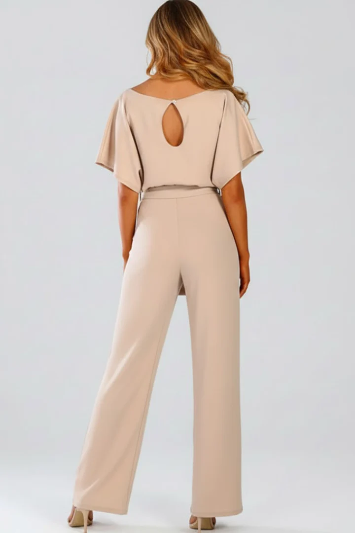 Damen Jumpsuit mit weitem Bein und G��rtel | Kurzarm Einteiler mit Rundhalsausschnitt | Flie?ender Hosenanzug f��r Damen