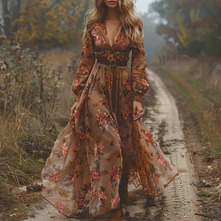 Damen Maxikleid mit Blumenmuster und V-Ausschnitt | Langarm Kleid mit G��rtel und Stickerei | Flie?endes Kleid mit Volant