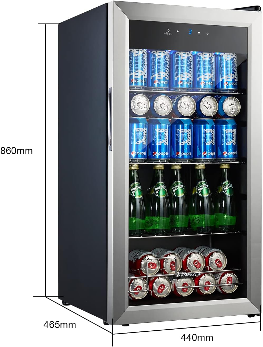 Kalamera Getränkekühlschrank, Bierkühlschrank mit Touch-Bedienfeld, 3-18°C Kühlzone, Flaschenkühlschrank 86 Liter, Blaue LED-Innenbeleuchtung, 41 dB, KRC-86GE