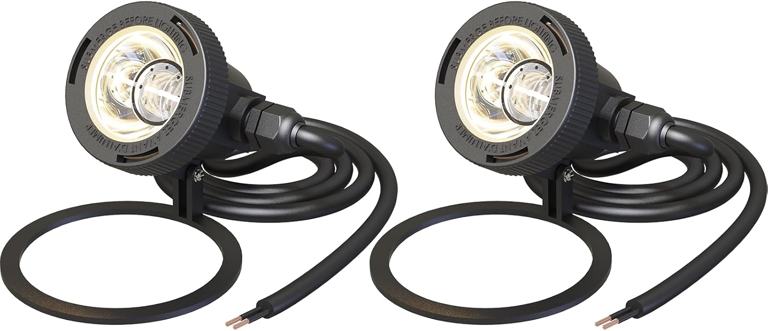 VENUS MANUFACTURING 2 Stück Niedervolt-LED-Teichlicht 135 Lumen 12 V Unterwasser tauchfähig 2900 K warmweiße Lichter Schwarz Wasserfall Pool Brunnen Licht für Haus Pool Garten Landschaft Beleuchtung