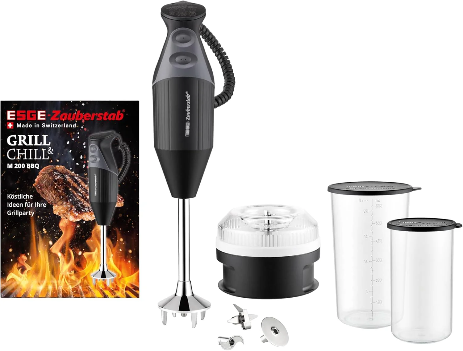 ESGE Zauberstab M 200 BBQ 98215 staafmixer zwart, purerstaaf, handmixer, professioneel, incl. accessoires, tot 17.000 tpm, 200 watt, ergonomisch handvatontwerp, dubbele schakelaar, opzetcentrering, AC-motor