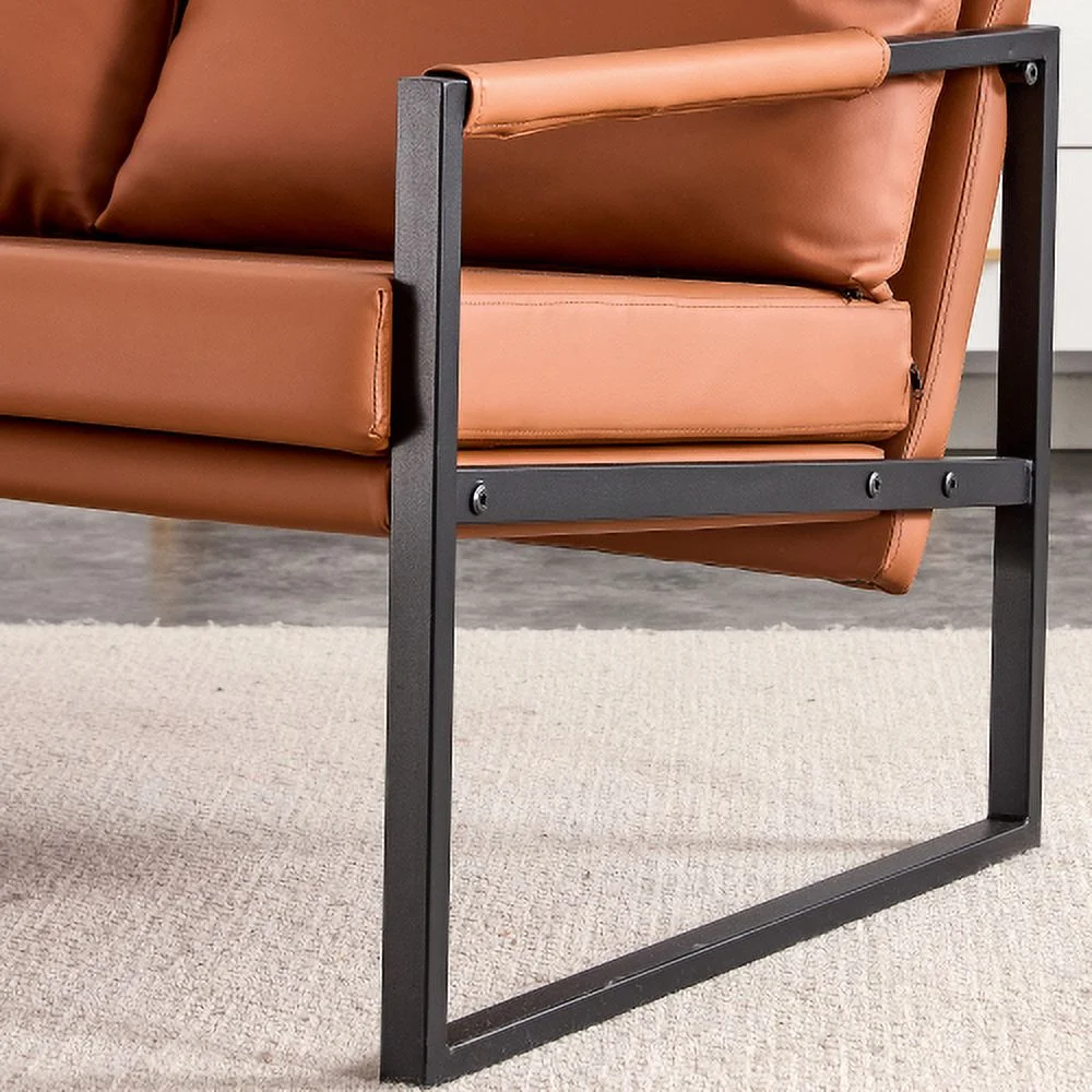 Moderne 2-zitsbank met 2 kussens �C PU-leer, Hoge Dichtheid Schuim, Zwarte Gecoate Metalen Frame, Bruin