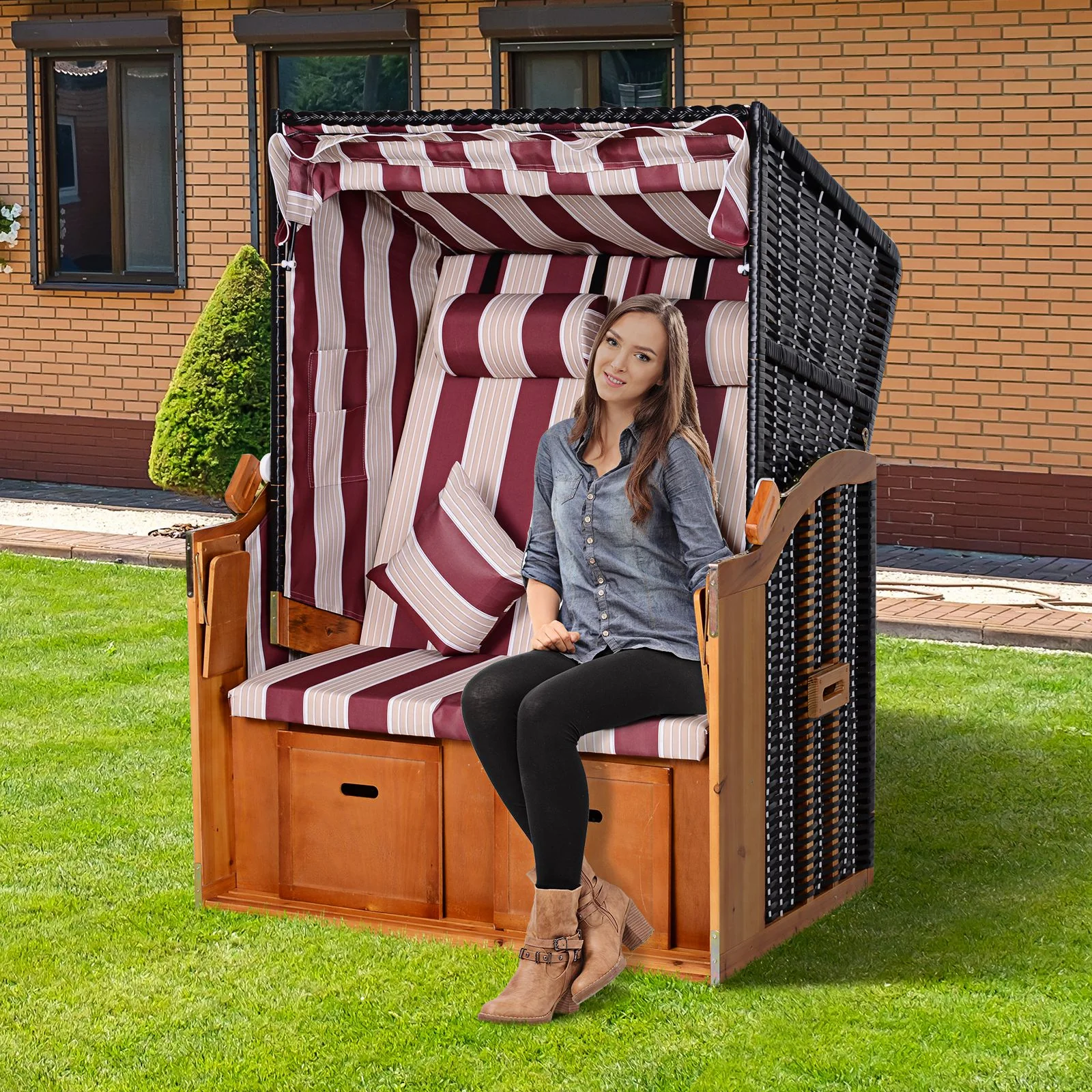 Dubbele ligstoel met dak dubbele ligstoel chaise longue voetensteun PE rotan rood
