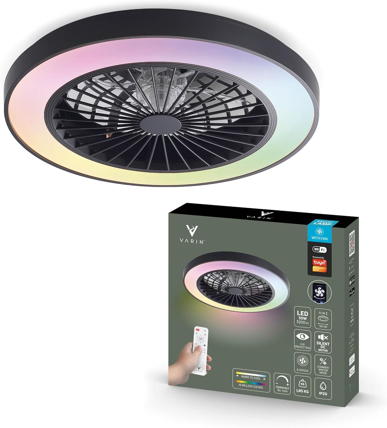 Varin® Smart Deckenventilator mit Beleuchtung, Deckenlampe mit Ventilator Schlafzimmer, Tuya WLAN, LED 30W RGBW, Ø 50 cm, Ventilator Leise, Fernbedienung, 3000K bis 6000K, Schwarz-Schwarz