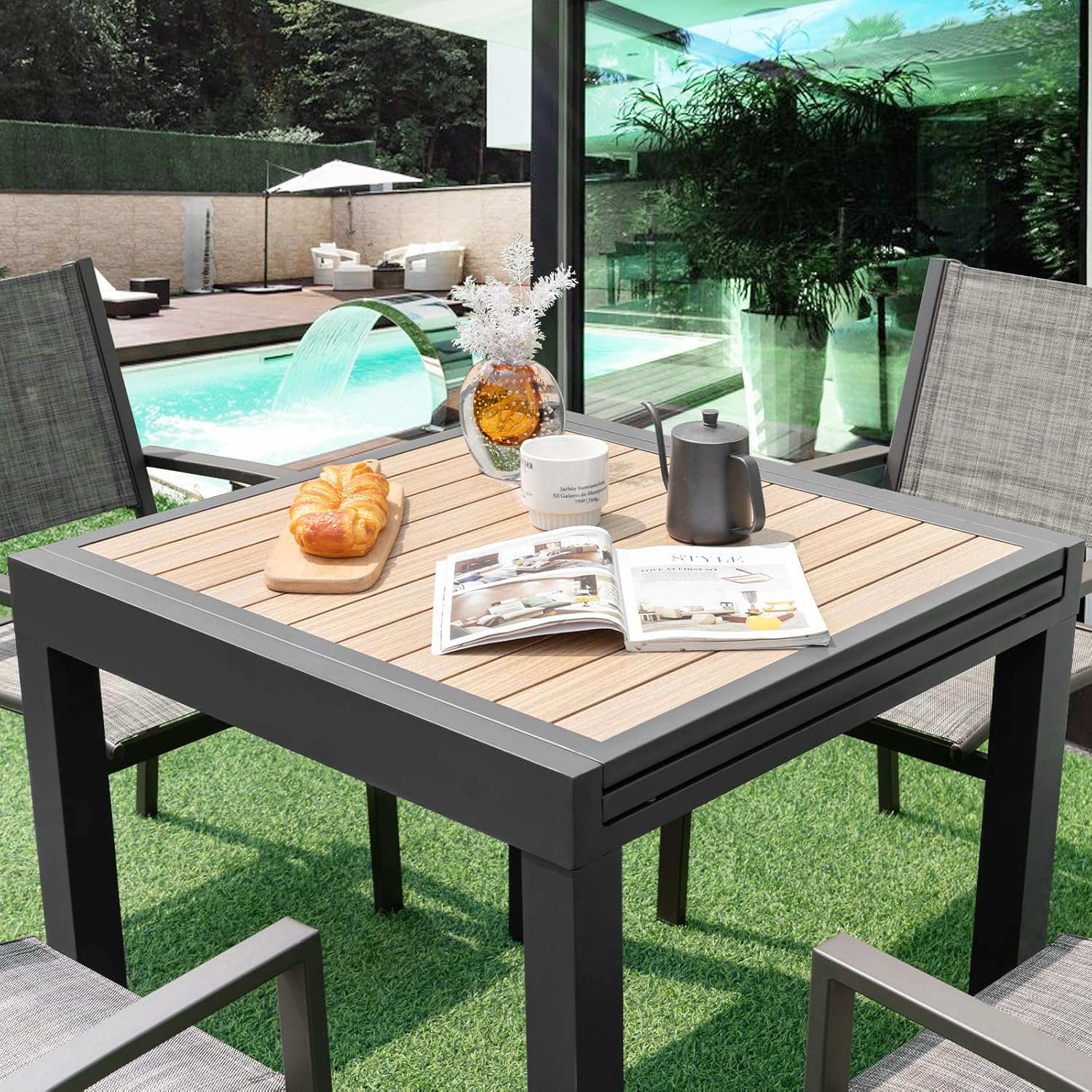 COSTWAY Gartentisch Aluminium ausziehbar, 80/160x80cm, wetterfester Esstisch mit Tischplatte in Holzoptik, rechteckiger Terrassentisch für 4-6 Personen, Ausziehtisch für Garten, Terrasse