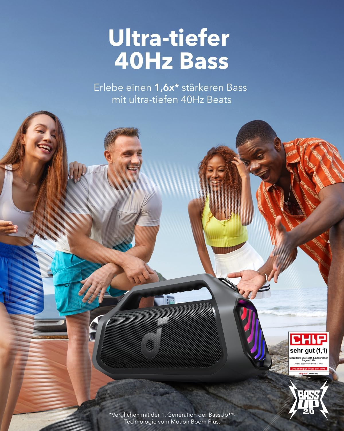 soundcore Boom 2 Plus Outdoor Lautsprecher, 140W, 2+2 Channel, BassUp 2.0, 20h, Schnellladung, IPX7 wasserdicht, RGB Lichter, USB-C, Power Bank, BT 5.3, tragbarer Bluetooth Lautsprecher, Camping