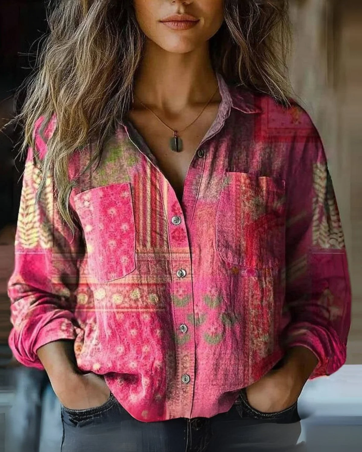 Vintage Damen Bluse mit Langarm | Lockere Passform & Buntes Muster | Klassische Hemdbluse f��r Alltag und Freizeit | Boho Chic