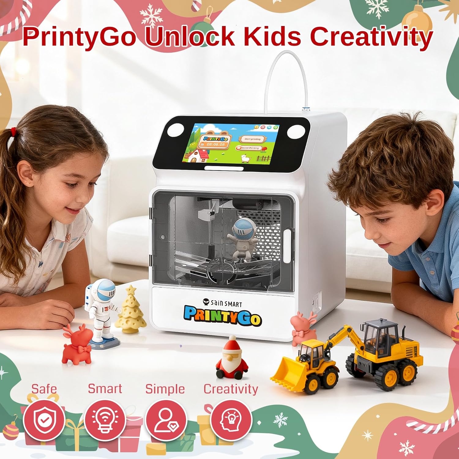 SainSmart PrintyGo Mini 3D Printer for Kids, 600mm/s, Self-Leveling, Ideal for Beginners, Child Safe Design, Wi-Fi/App Control, Pre-Assembled for Learning Stem