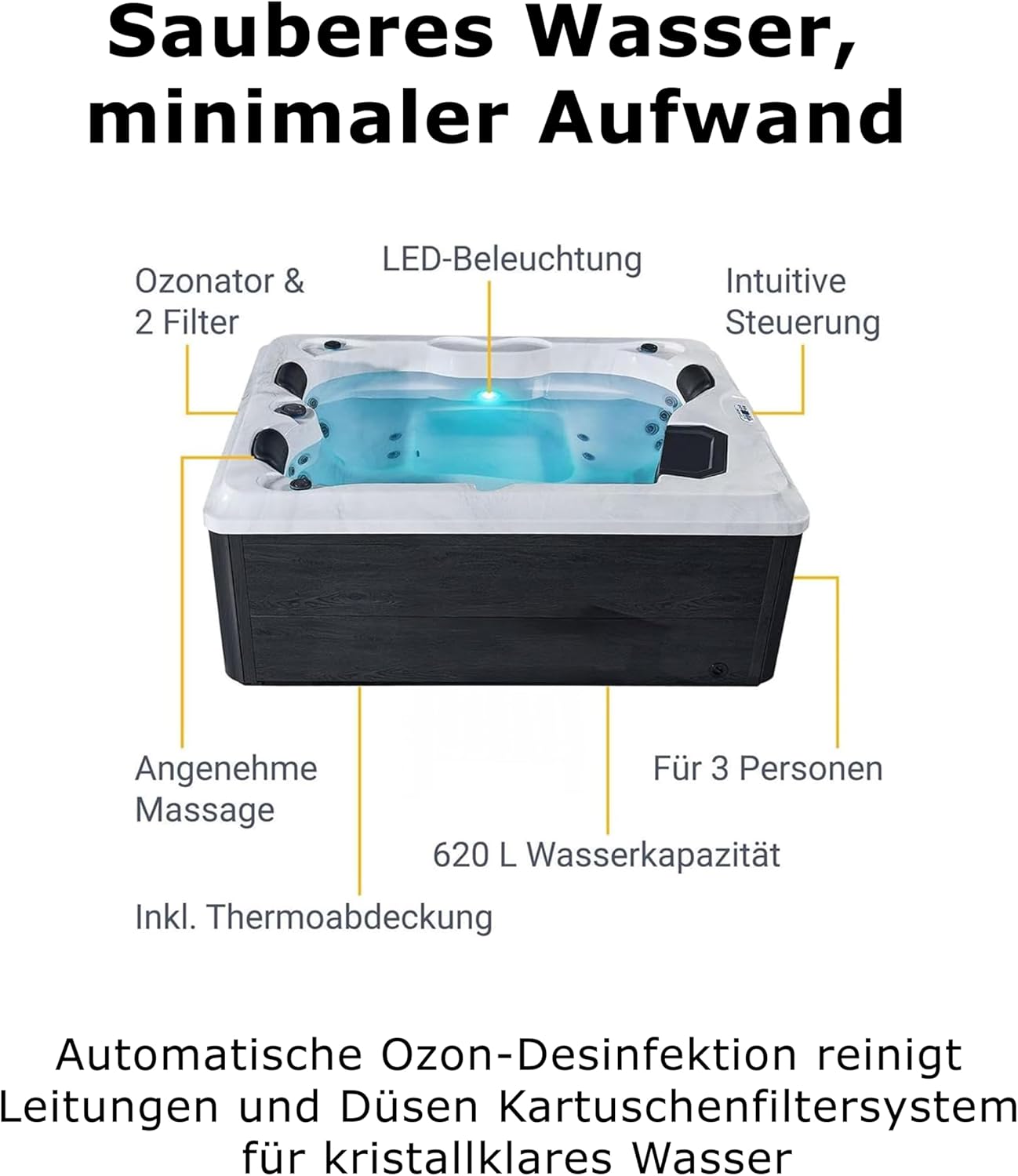 Luxus Outdoor Whirlpool Berlin (Weiß) – 210x160 cm – mit 31 Massagedüsen, Heizung, Ozon, LED – Hot Tub für 2–3 Personen – Winterfest – Garten & Terrasse