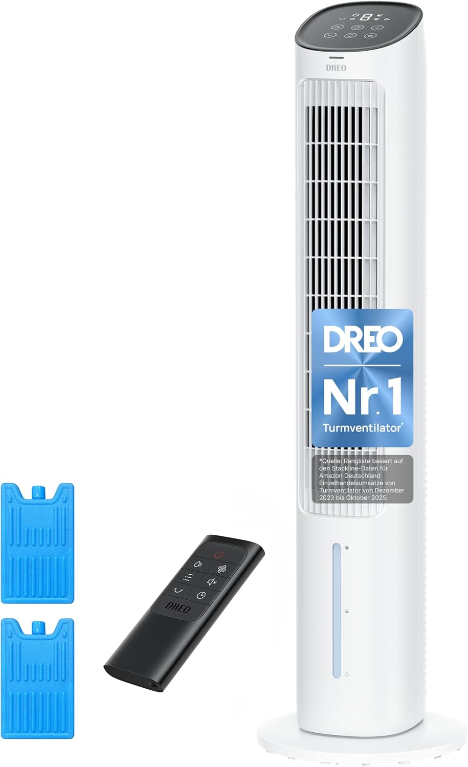 DREO Turmventilator mit Kühlung leise, Ventilator mit Wasserkühlung, 102 cm Luftkühler, Verdunstungskühler mit 80° Schwenkfunktion, 3 Modi, 4 Geschwindigkeiten, Fernbedienung, Weiß