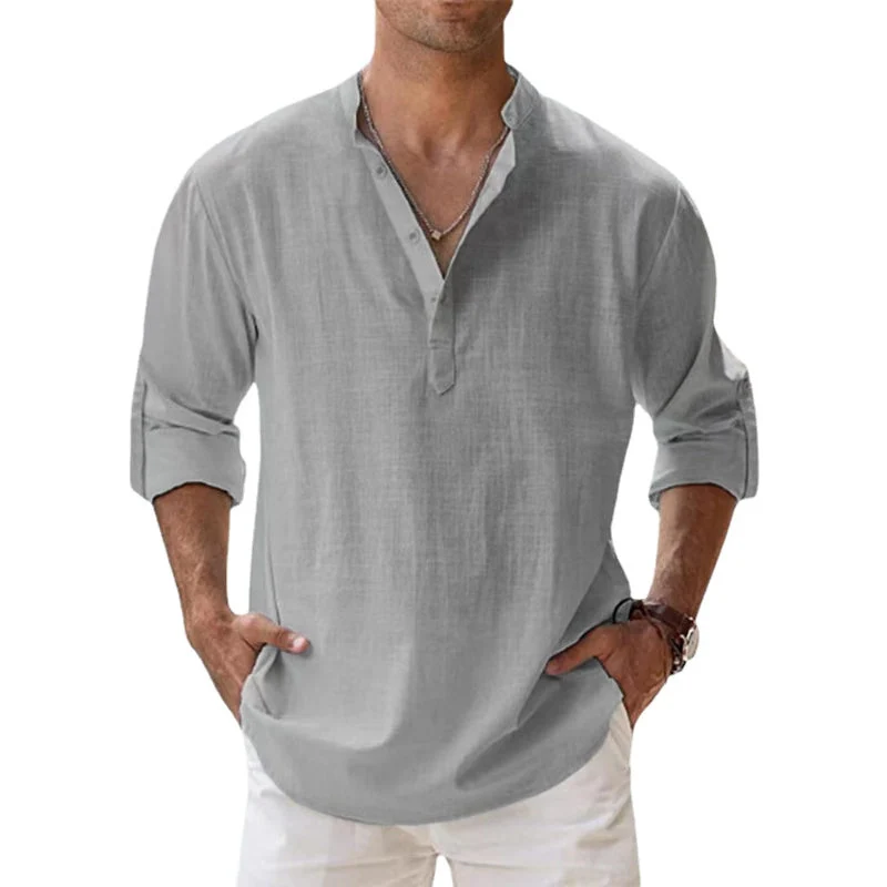 Herren Leinenhemd mit Henley-Ausschnitt | Atmungsaktives Sommerhemd aus leichtem Leinen | Klassisches Freizeit-Shirt Langarm