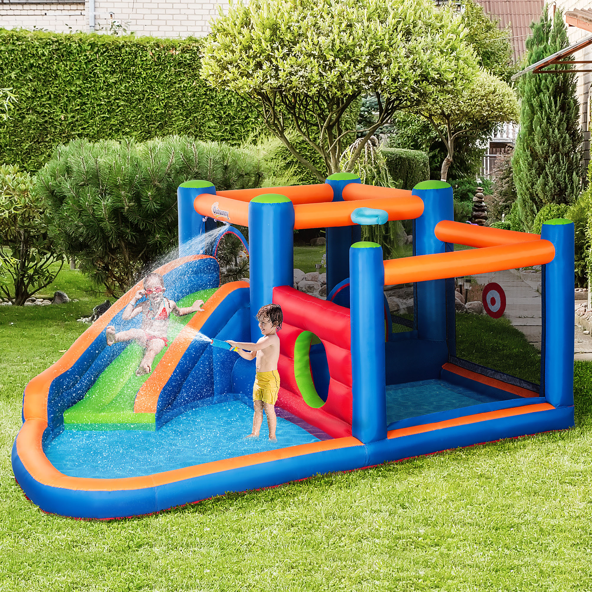 springkasteel, met ruches, springkussen, zwembad, opblaasbaar, incl. elektrische pomp, voor maximaal 3 kinderen, 380 x 340 x 170 cm