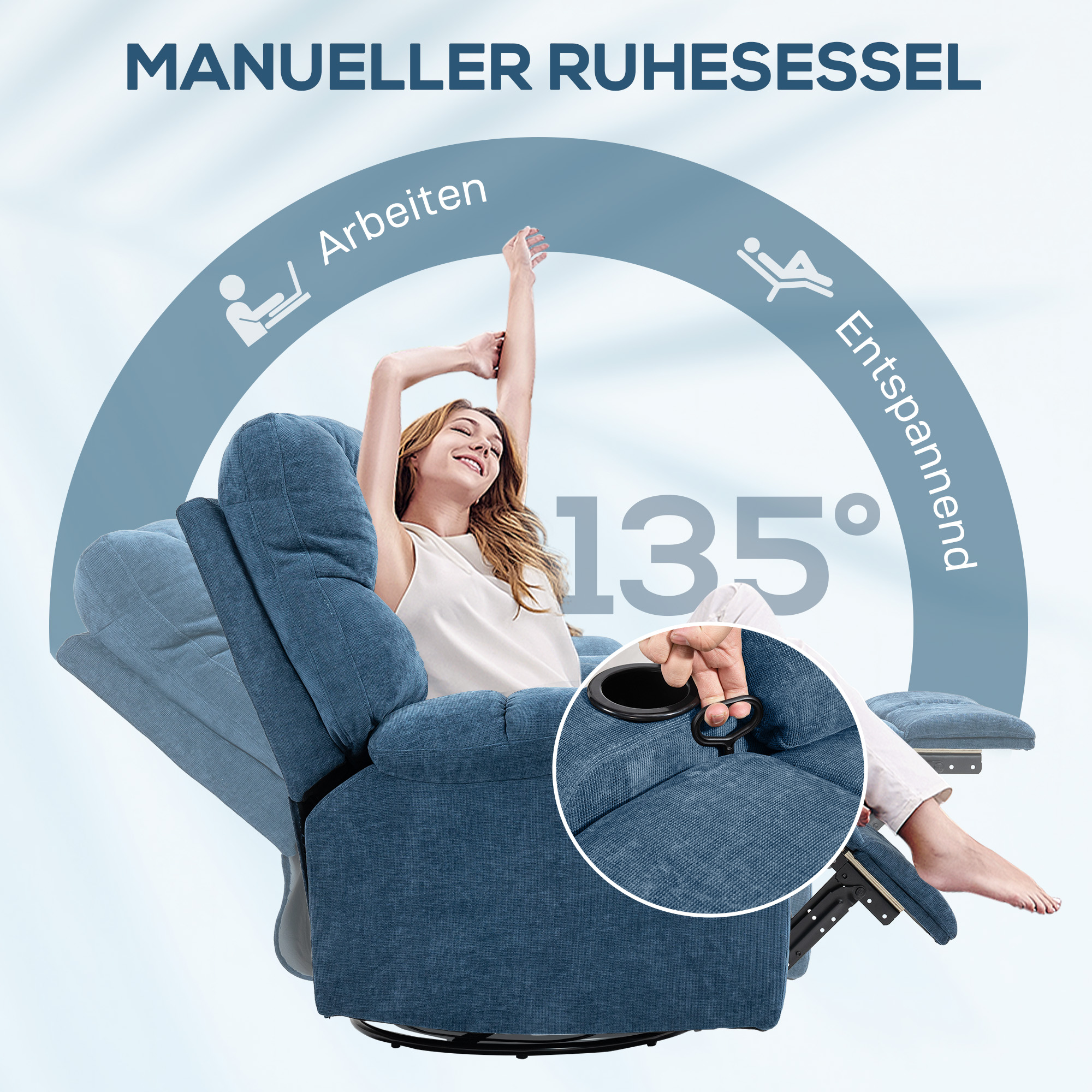 Relaxstoel met Voetensteun, Ligstoel, Draaibaar, tot 150 kg, Stalen Frame, 88x96x108cm, Donkerblauw