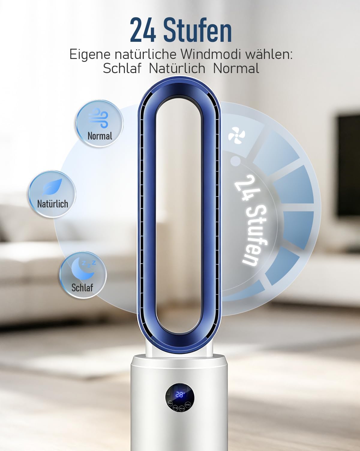 Rotorloser Ventilator, 24 Stufen Leiser Turmventilator Mit Fernbedienung & 12h Timer, Energiesparender DC-Motor, LED Display 60° Oszillierend Luftreinigung Für Schlafzimmer, Büro (Blau)