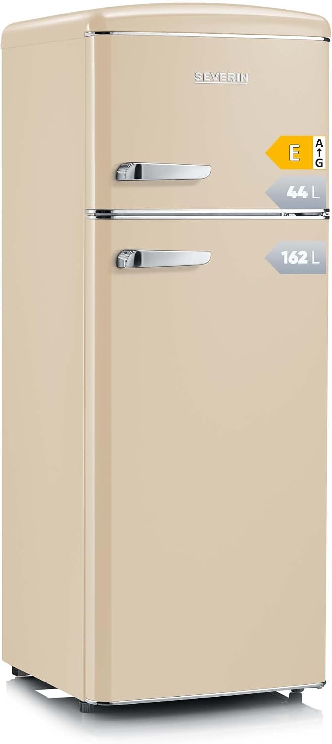SEVERIN Retro - Kühl-/ Gefrierkombination, platzsparendes Raumwunder, 4 x höhenverstellbare Abstellflächen und eine große Veggiebox, 206 L Nutzinhalt, creme, RKG 8933
