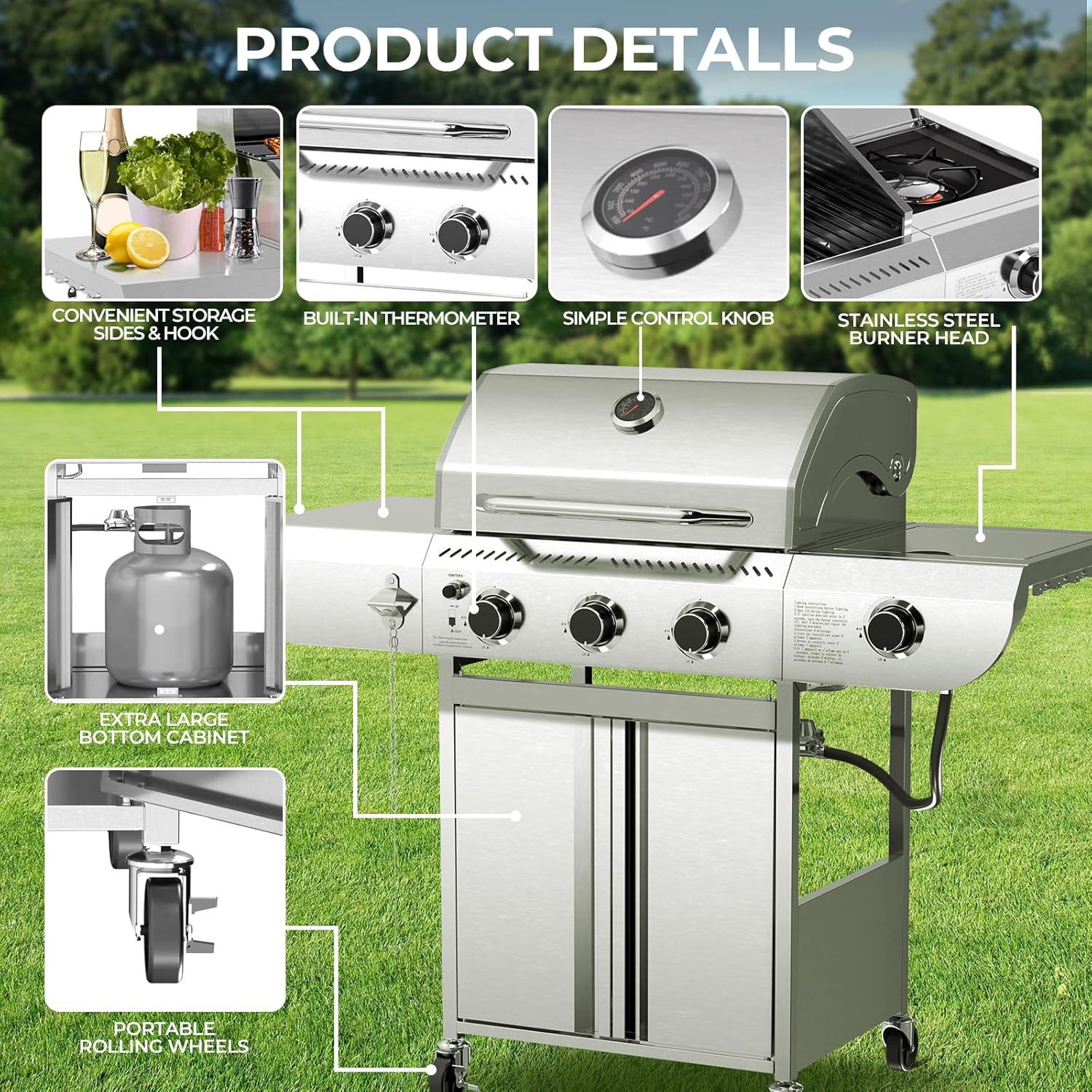 34,000 BTU 3-Burner Propane Gas Grill with Side Burner, All Stainless Steel BBQ Grill