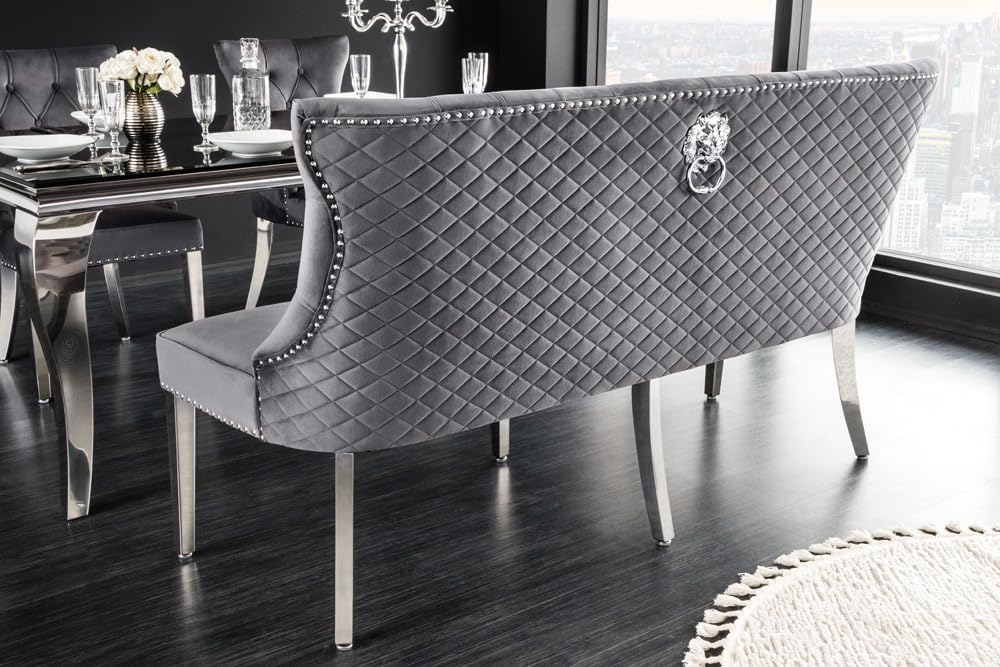 riess-ambiente.de Design Sofabank Castle Deluxe 165cm grau Samt Löwenkopf Chesterfield Barock, Esszimmerbank mit Rückenlehne, Sitbank, Küchenbank, Polsterbank