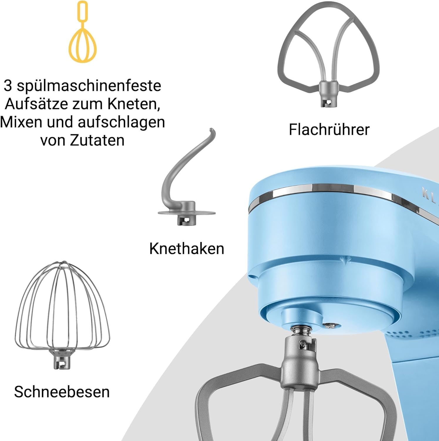 KLAMER Küchenmaschine 1800W, Knetmaschine Brotteig mit Edelstahl-Rührschüssel 6 L, 10 Stufen mit Timer, Planetenrührwerk, Rührbesen, Knethaken, Schneebesen & Sichtdeckel (schwarz)