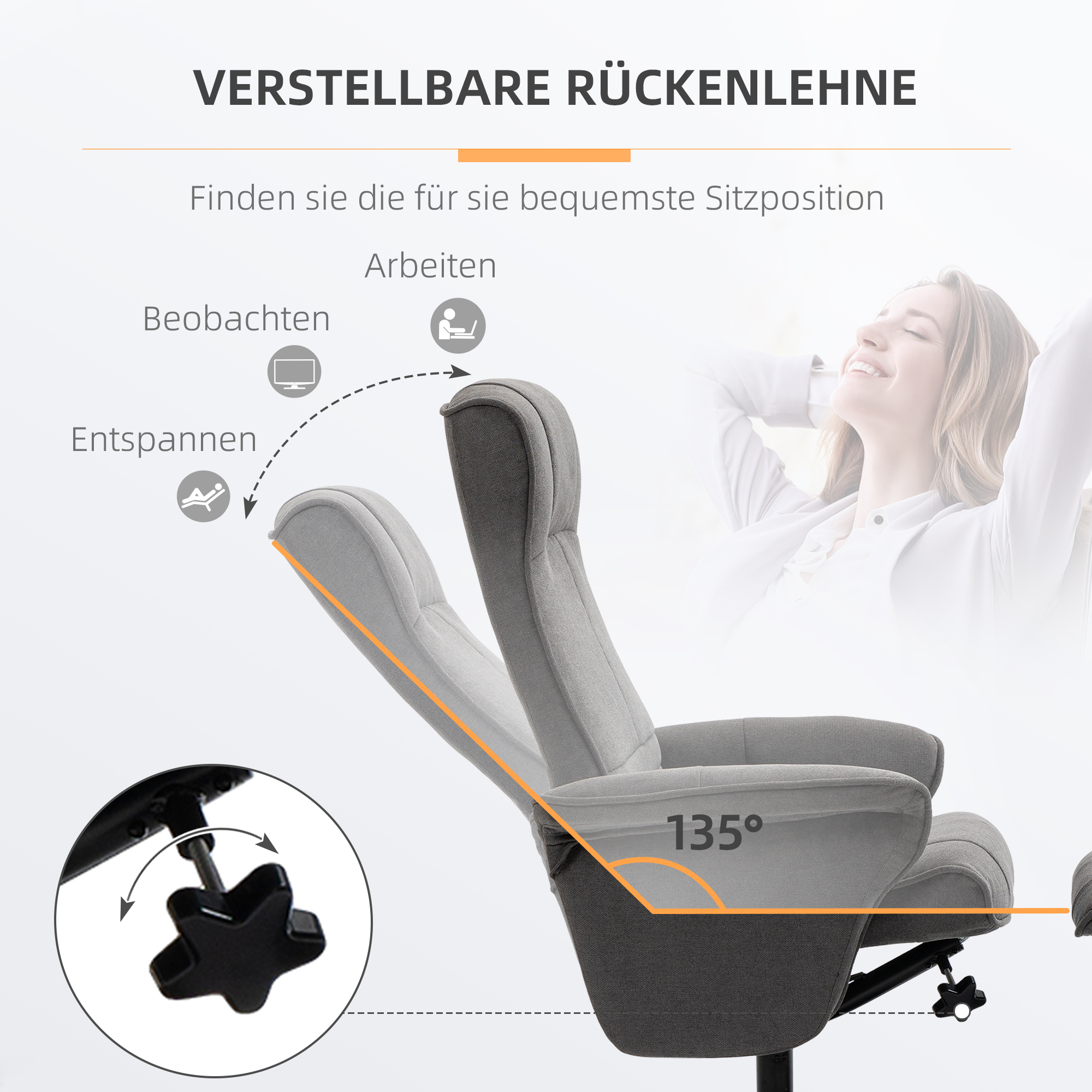 Relaxfauteuil met Voetenbankje, Verstelbare Rugleuning, 69 cm x 71 cm x 104 cm, Donkergrijs + Zwart