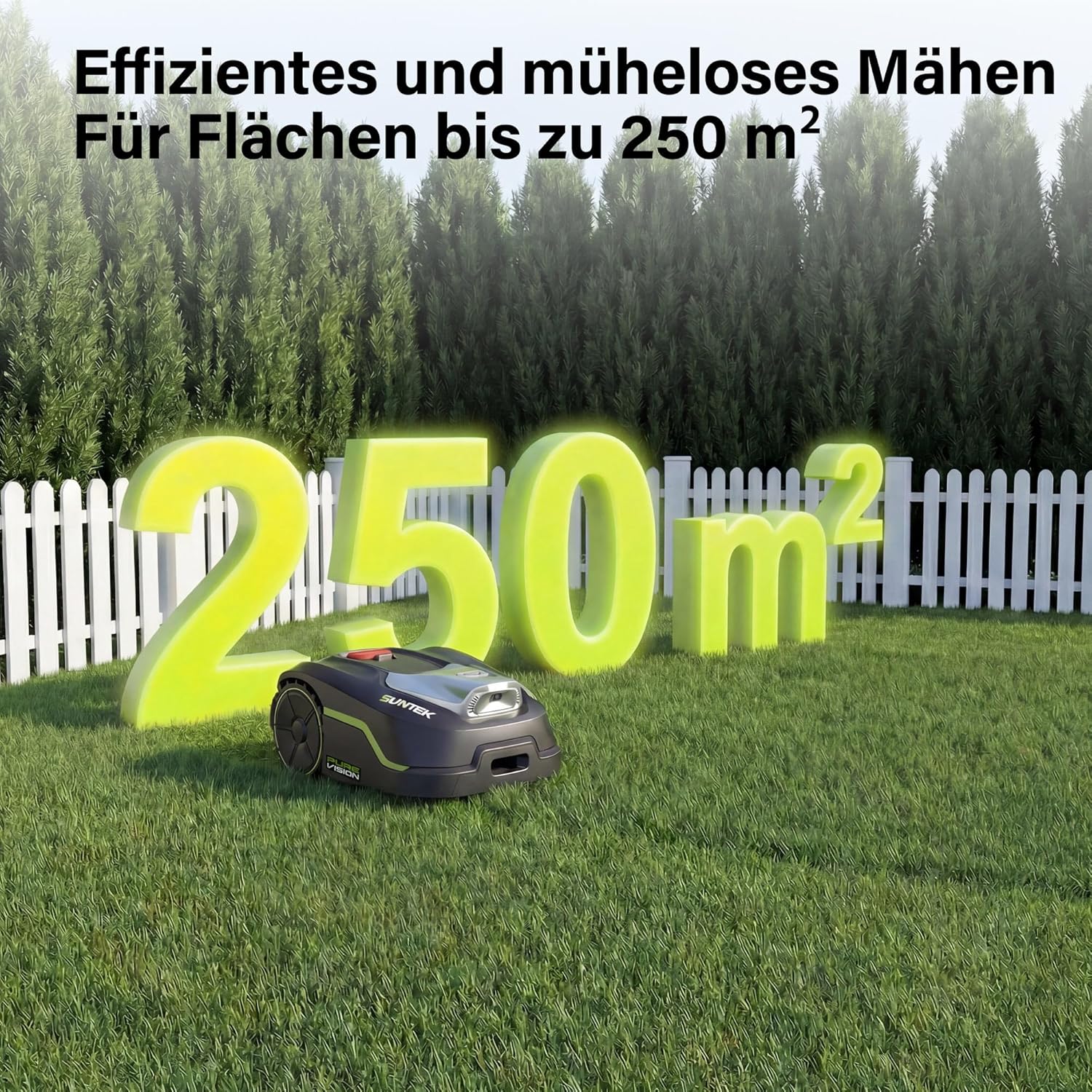 SUNTEK SRM2025 Mähroboter ohne Begrenzungskabel, KI Pure Vision Rasenmäher Roboter für 250 m² mit automatischer Kartierung, 35% Steigung, Wasserdichtigkeit IPX5, Automatische Kartierung mit Garage