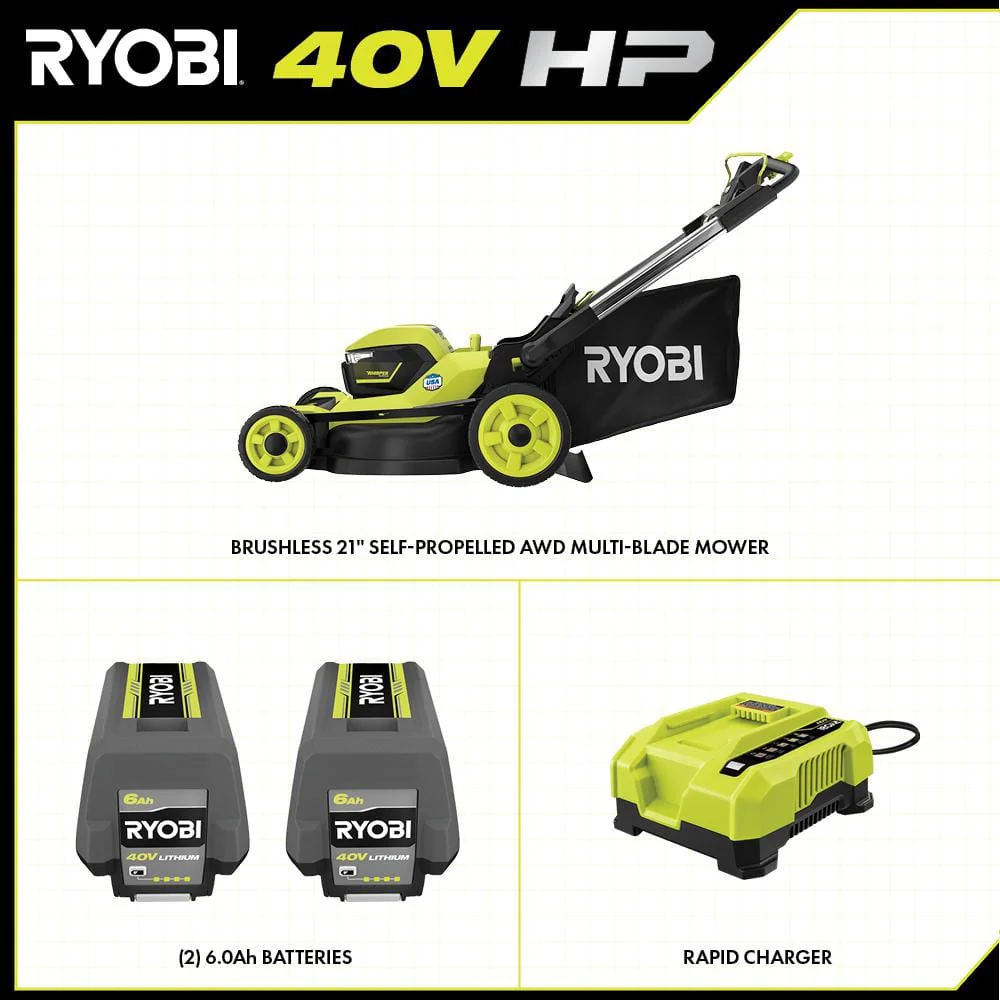 Ryobi 40V HP Brushless 21-in Self-Propelled AWD Lawn Mower – Whisper Series – Includes (2) 6.0Ah Batteries and Charger