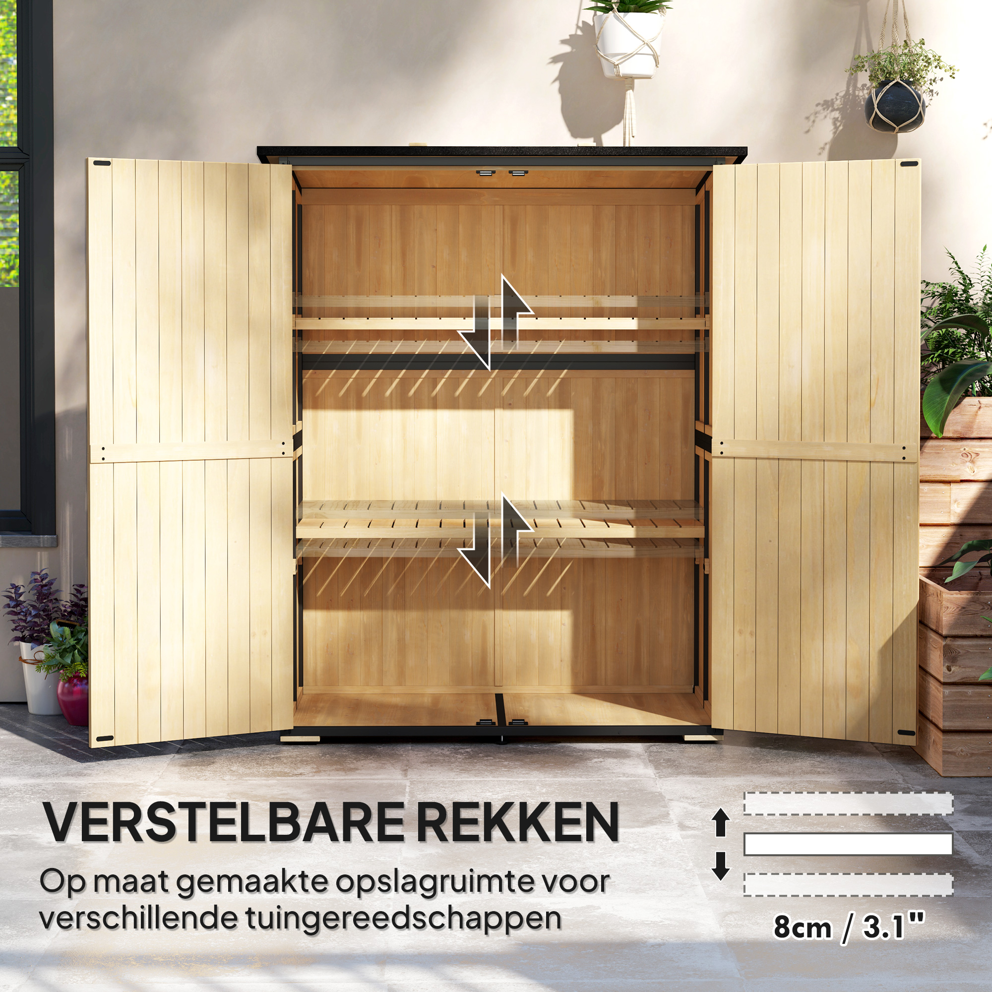 Outsunny Houten en Stalen Tuinkast, Buiten Gereedschapskast met Asfaltdak, 2 Planken, Afsluitbare Deuren, Natuurhout