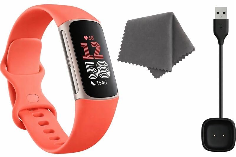Fitbit Charge 6 Fitness Tracker (Bundle) - Schwarz/Obsidian - Herzfrequenz, GPS, Schlaf- & Stress-Tracking + Schnellladegerät & Reinigungstuch (Koralle)