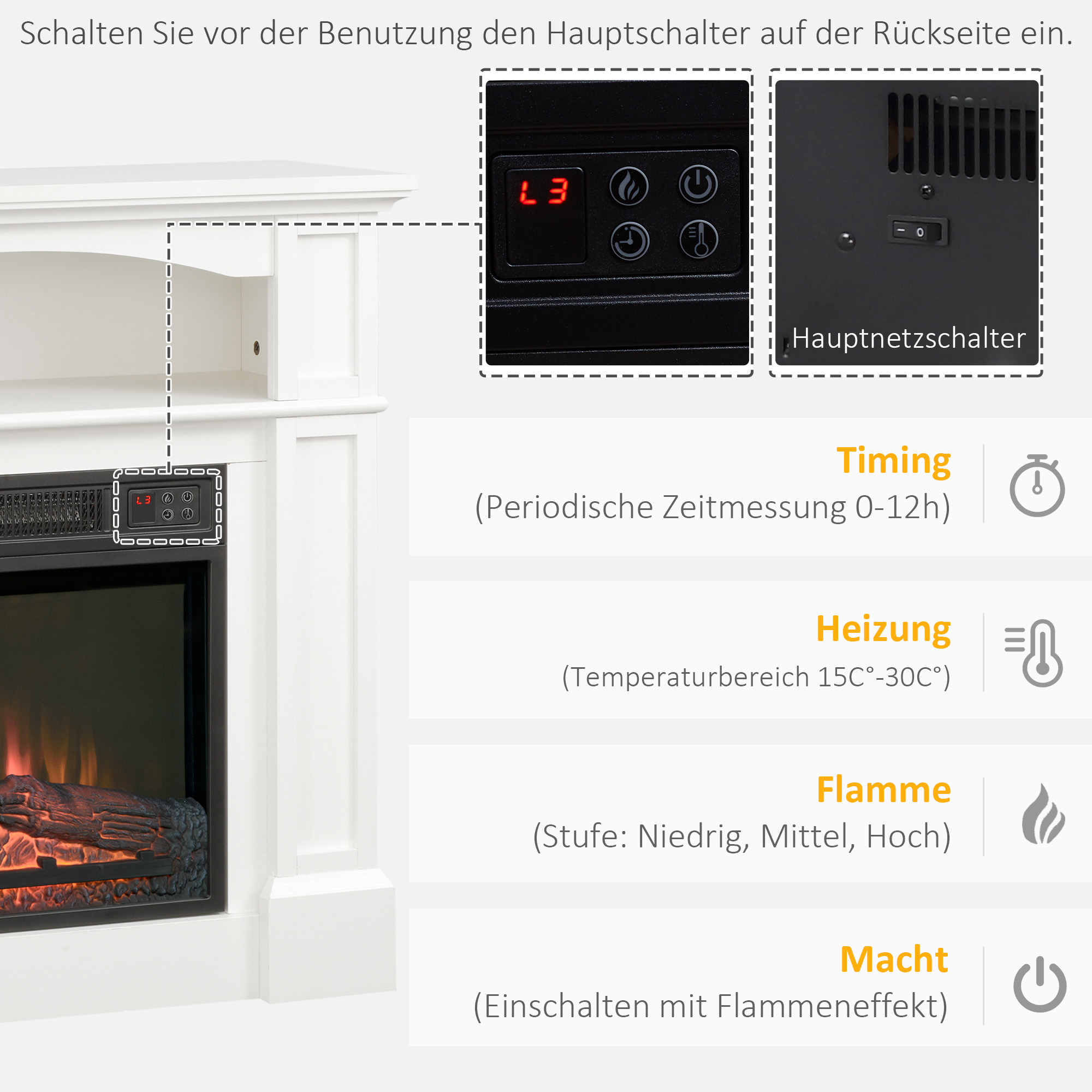 Elektrische Haard met 3D LED-Vlammeffect, Verwarmingscapaciteit 30 m2, Afstandsbediening, Wit/Zwart