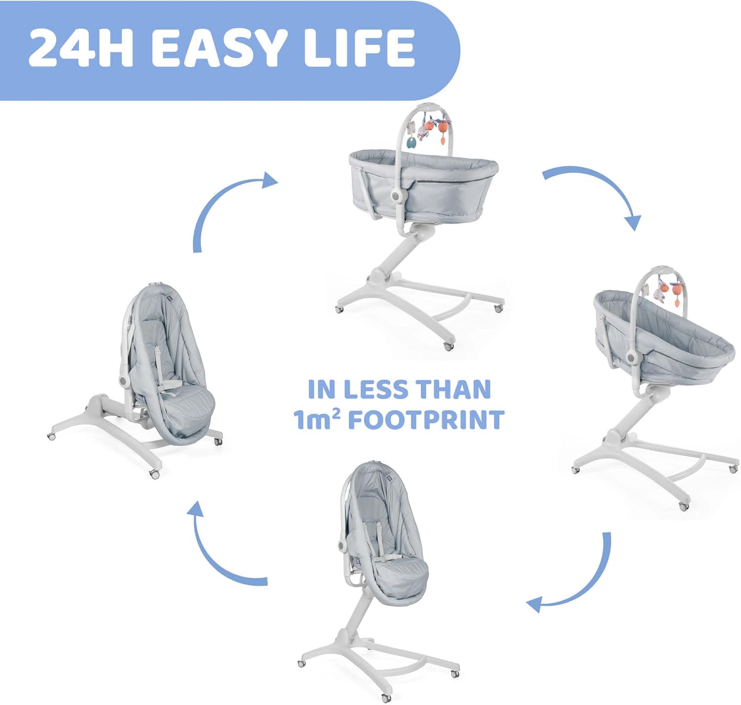 Chicco Baby Hug 4 in 1 Stubenwagen ab 0 Monate, Erhöhte Babyliege, Babybett, Hochstuhl mit Spielbogen, bis 15 kg, Verstellbare Rückenlehne, Verstellbare Höhe und 4 Räder