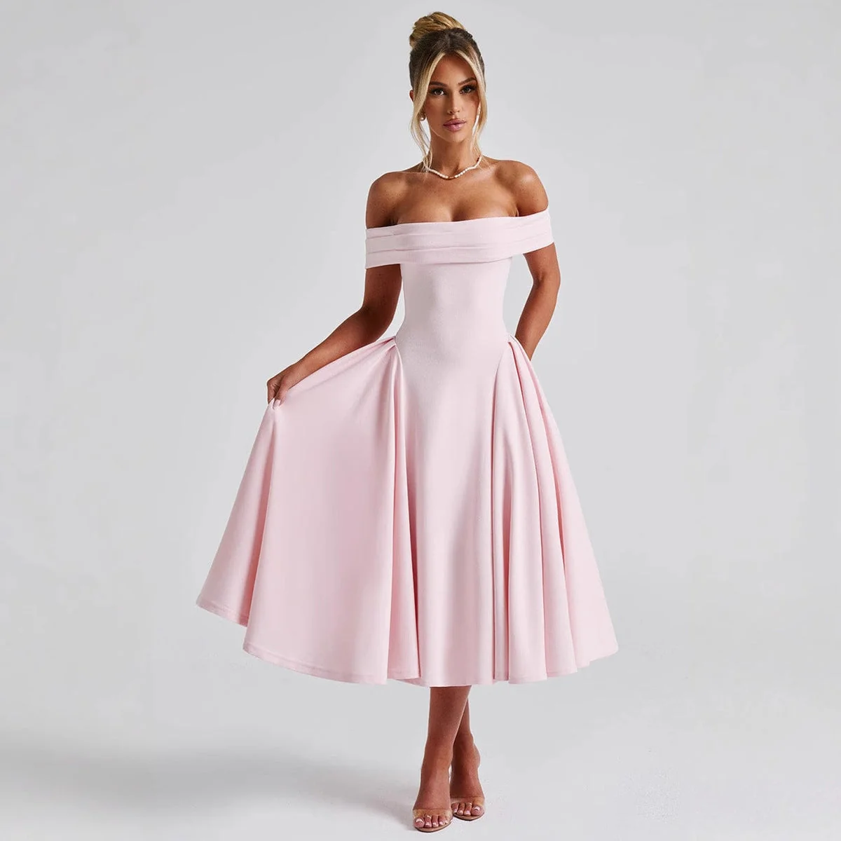 Schulterfreies Midi-Kleid mit ausgestelltem Rock | Festliches Kleid f��r Hochzeitsg?ste und besondere Anl?sse | Taillierter Schnitt