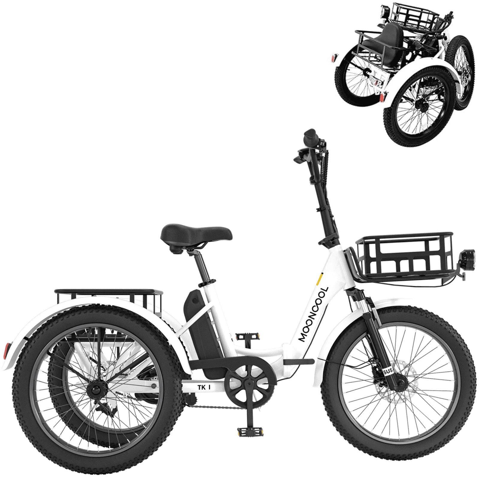 MOONCOOL TK1 Electric Folding Tricycle for Adults & Seniors,three 20*3in Fat Tires Ebike with 500W Motor & 48v 14.5Ah Detachable lithium battery,White