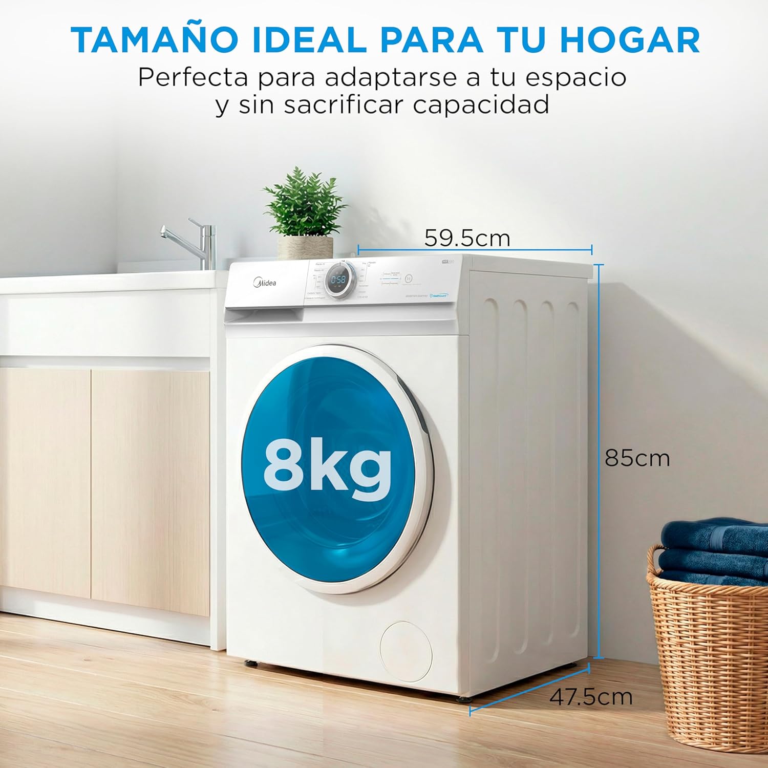 Midea Lavadora 8kg Carga Frontal 1950W, 1350 rpm con Motor Inverter - Lavadoras con 15 Programas y Tecnología Healthguard - Washing Machine Bajo Consumo, Lavado Rápido, Función Vapor y Modo Eco
