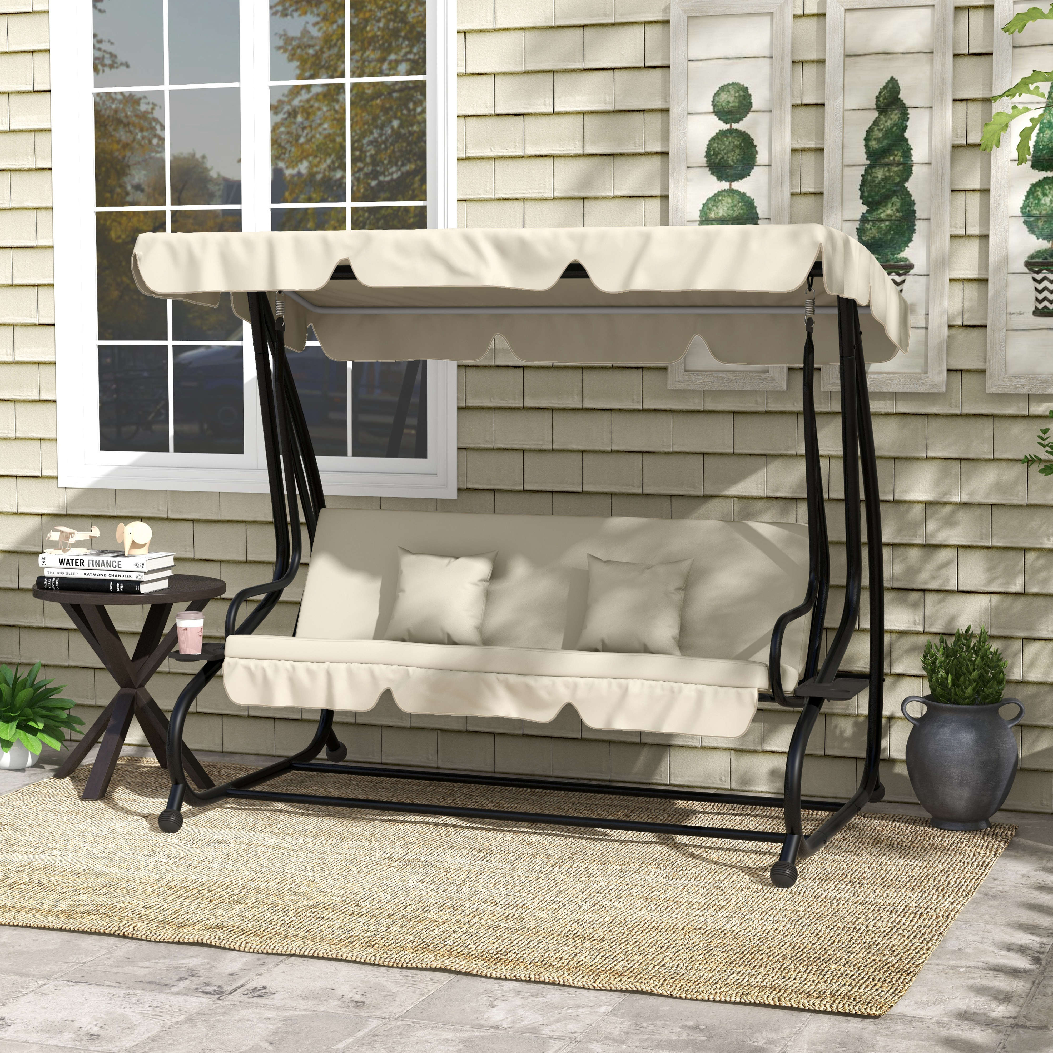Outsunny 2-in-1 Tuinschommel met Ligfunctie, Verstelbaar Dak, tot 340 kg, Staal, 200x120x164 cm, Cr��mewit