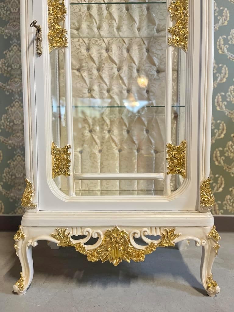 CasAmin Home & Living Baroque Style Display Cabinet: White Wood & Gold Leaf Showcase