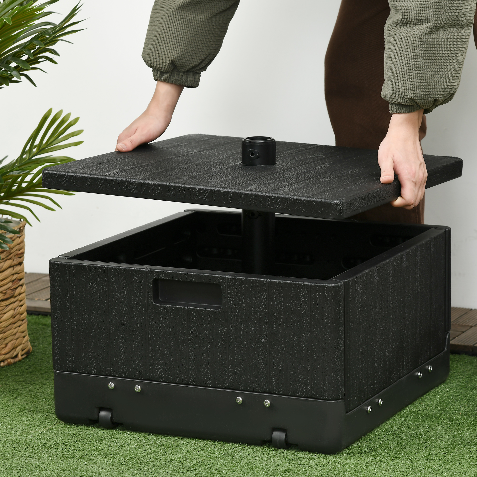 Outsunny 3-in-1 Parasolvoet, Bijzettafel, Bloembak, tot 80 kg zand, weerbestendig, Zwart