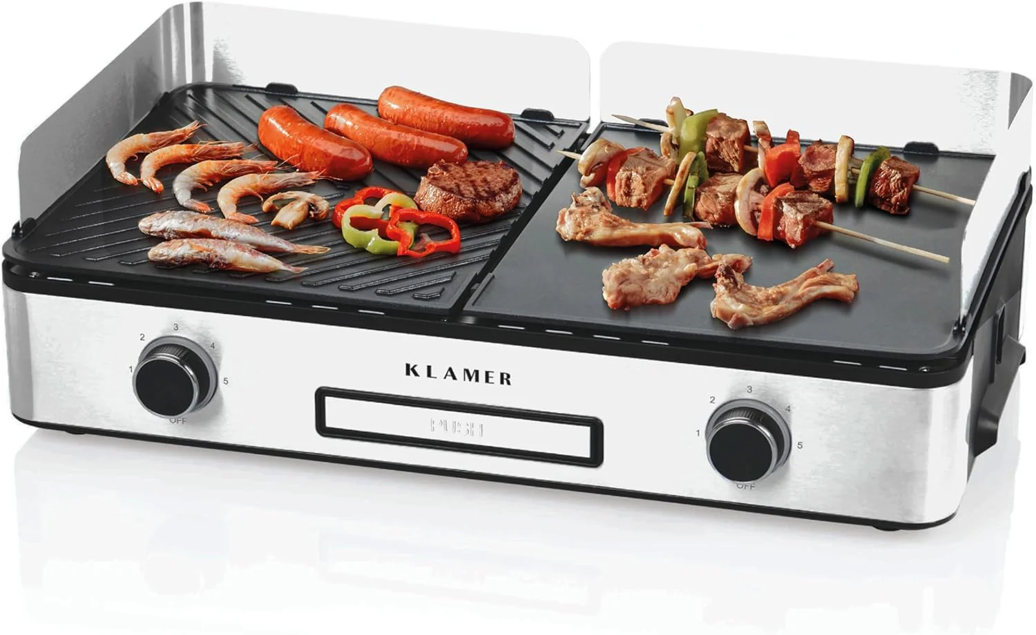 KLAMER elektrische barbecue, antiaanbaklaag en afneembare duoplaten, afzonderlijke temperatuurinstelling, 5 grillstanden, met wind-/spatscherm en lekbak