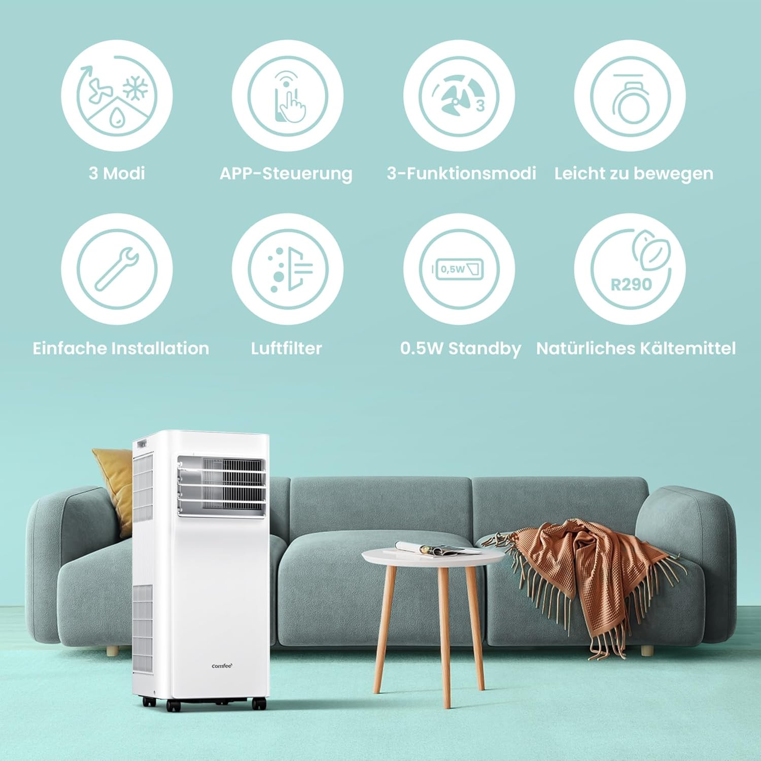 Comfee Mobiles Klimagerät Breezy Cool Pro 2.6,9000 BTU 2,6kW, Kühlen&Ventilieren&Entfeuchten,APP-Steuerung,Raumgröße bis 88m³(33㎡),Mobile Klimaanlage mit Abluftschlauch [Energieklasse A]