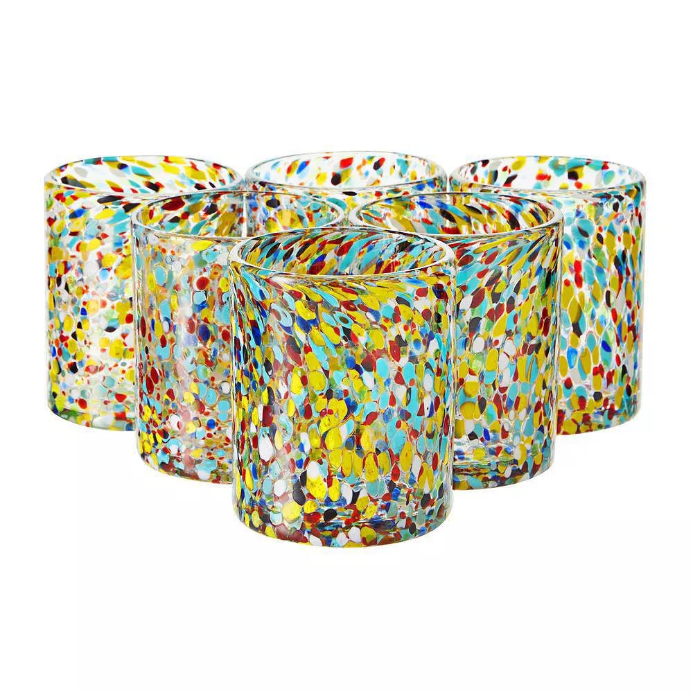 10 oz Hand Blown Mexican Drinking Glasses, Full Confetti Tumbler Cups (Set of 6)