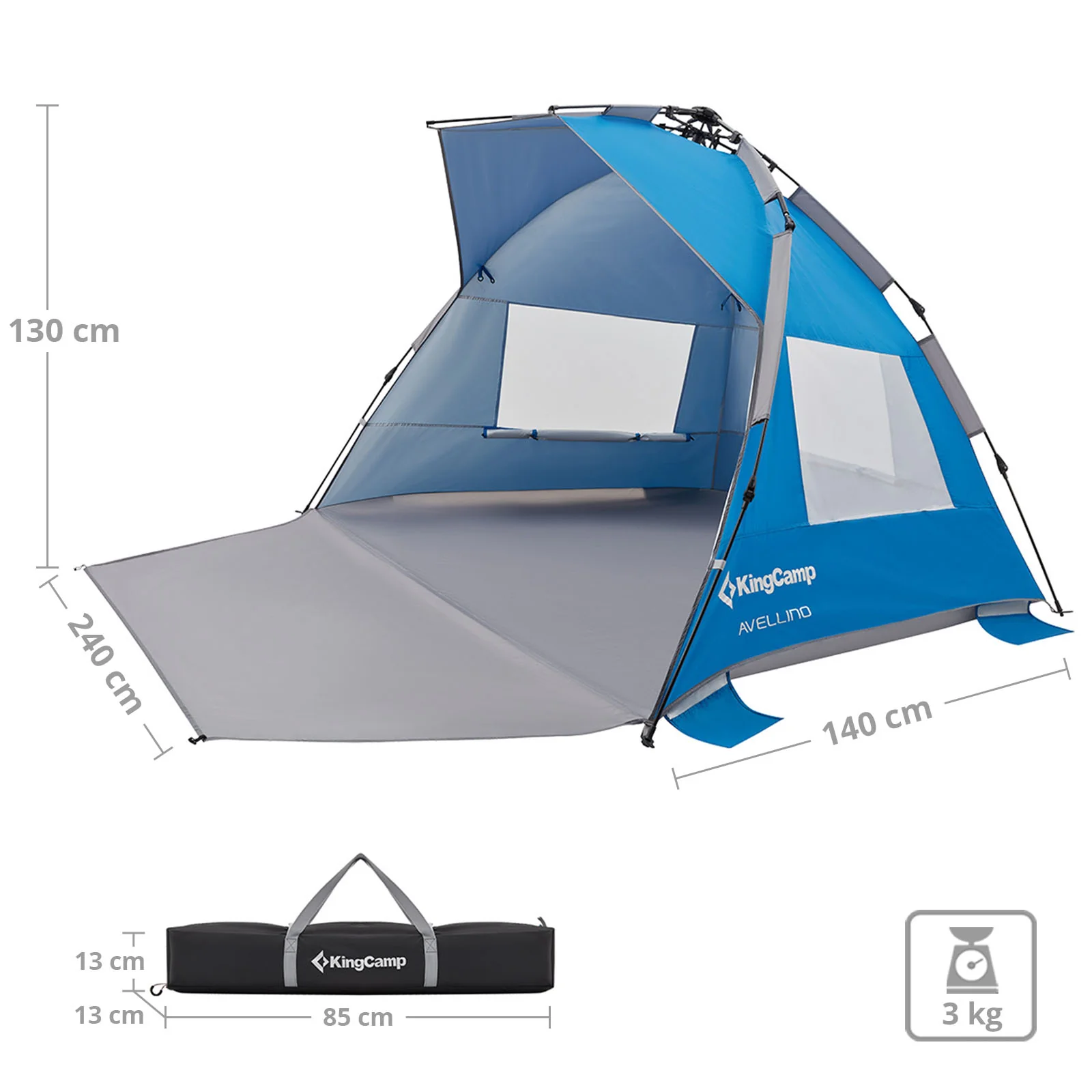 KingCamp Avellino Automatische Strandtent �C UPF50+ zonbescherming, wind- & privacybescherming met hydraulisch frame, zandzakken & gaasramen