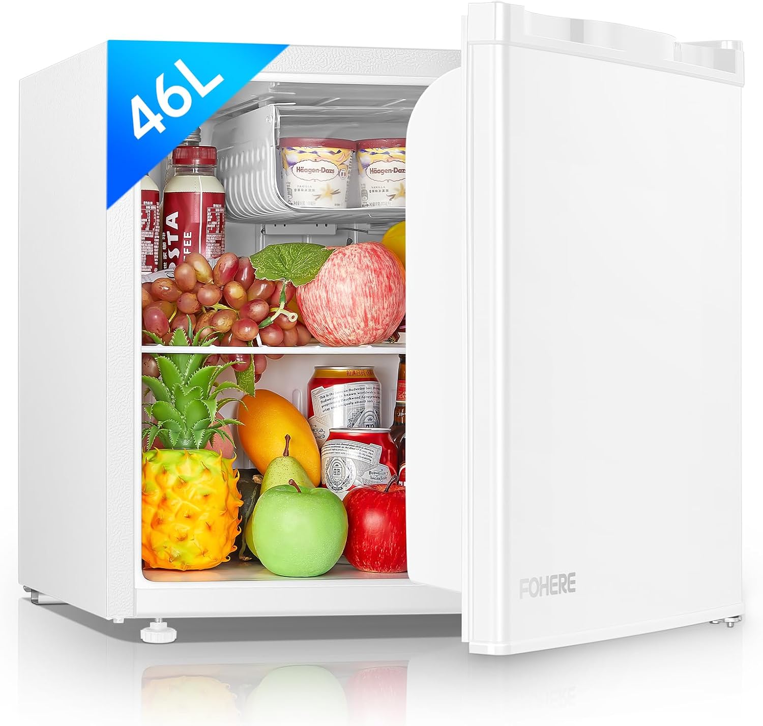 FOHERE Mini Frigo 46L, Mini Réfrigérateur Monoporte, Thermostat Réglable, Économie d'Énergie, Silencieux, Petit Frigo Top avec une Porte Réversible, Mini bar pour Chambre, Bureau, Hôtel