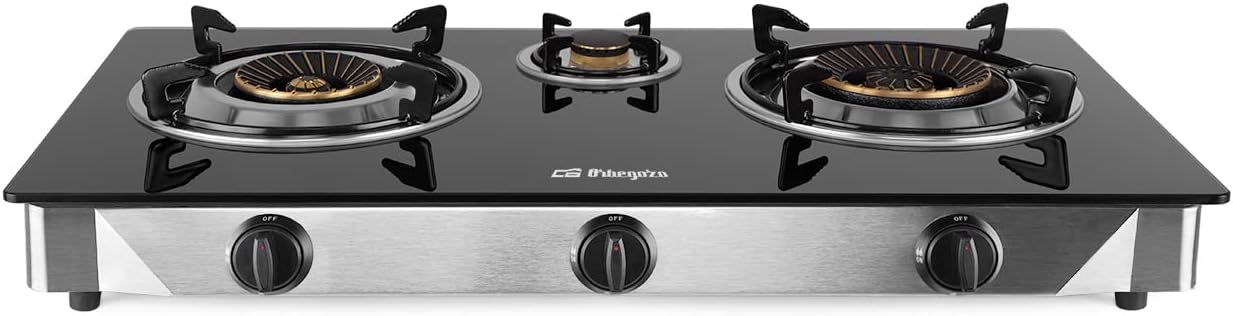 Cocina de Gas Orbegozo FO 3520, 2 Quemadores Triple Corona, Gas Butano o Propano, Encendido Piezoeléctrico, Superficie de Vidrio Templado, Cuerpo de Acero Inoxidable