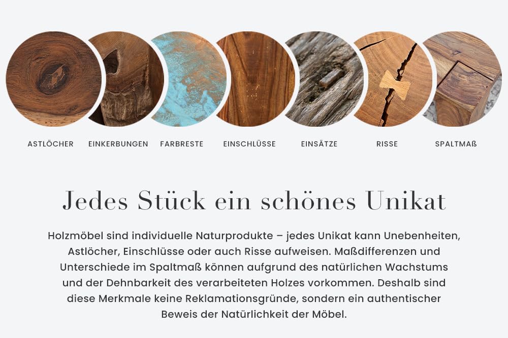 Riess Ambiente Massivholz Esstisch Pure 120cm Natur Stone Finish Sheeshamholz einzigartige Maserung Esszimmertisch Massivholztisch Holztisch Küchentisch