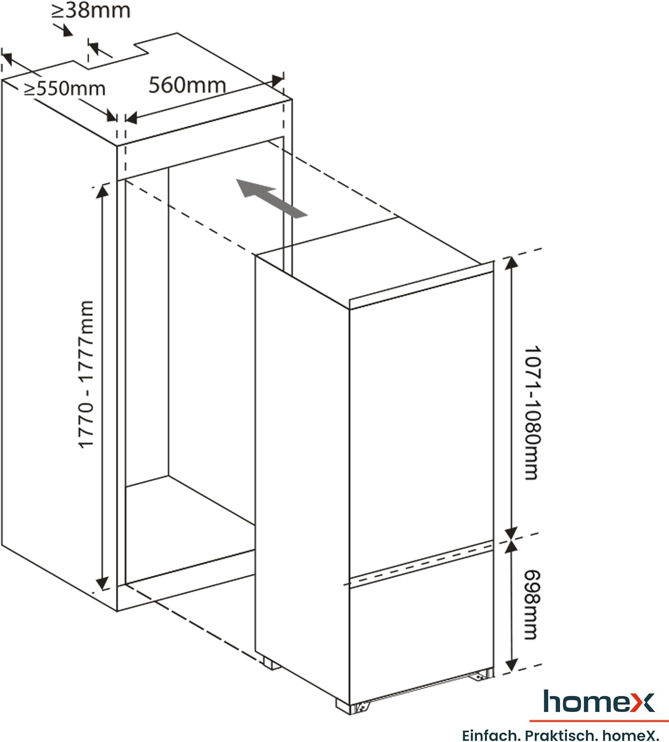 homeX CFB2491E Einbaukühlschrank mit Gefrierfach, Einbau Kühl Gefrierkombination, 178cm Nische - 249 Liter, Schlepptürtechnik, LED-Beleuchtung, leise 39 dB, Türanschlag wechselbar, 4-Sterne Gefrieren