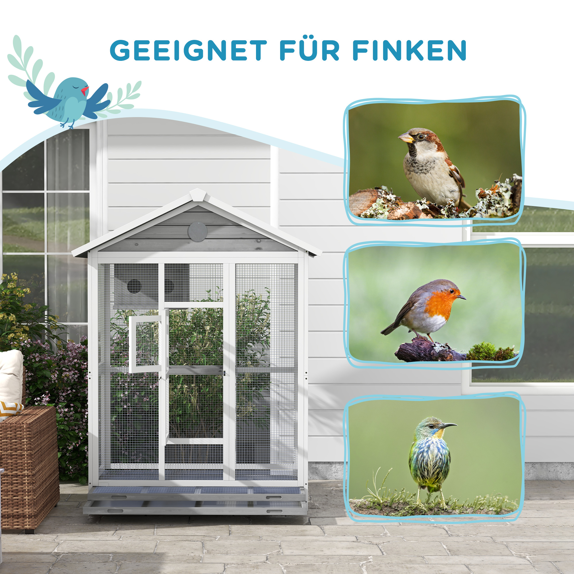 PawHut Houten vogelkooi met 4 zitstokken, asfaltdak, waterdicht, 112 x 68 x 154 cm