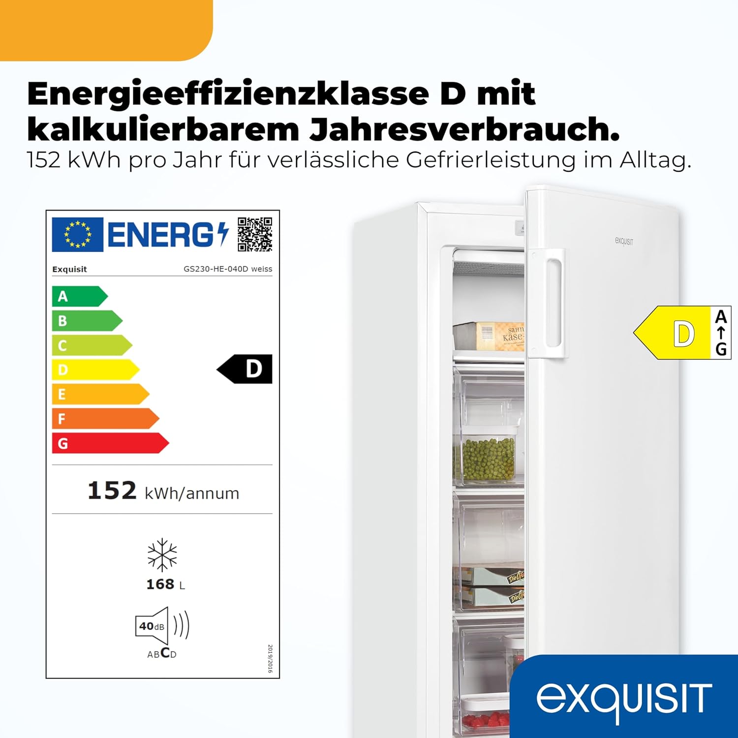 Exquisit Gefrierschrank | 168 l Nutzinhalt, Energieeffizienzklasse D, 40 dB(A) | hohe Bauform, 4-Sterne-Gefrieren, manuelle Temperaturregelung, wechselbarer Türanschlag | GS5230-H-040D weiss