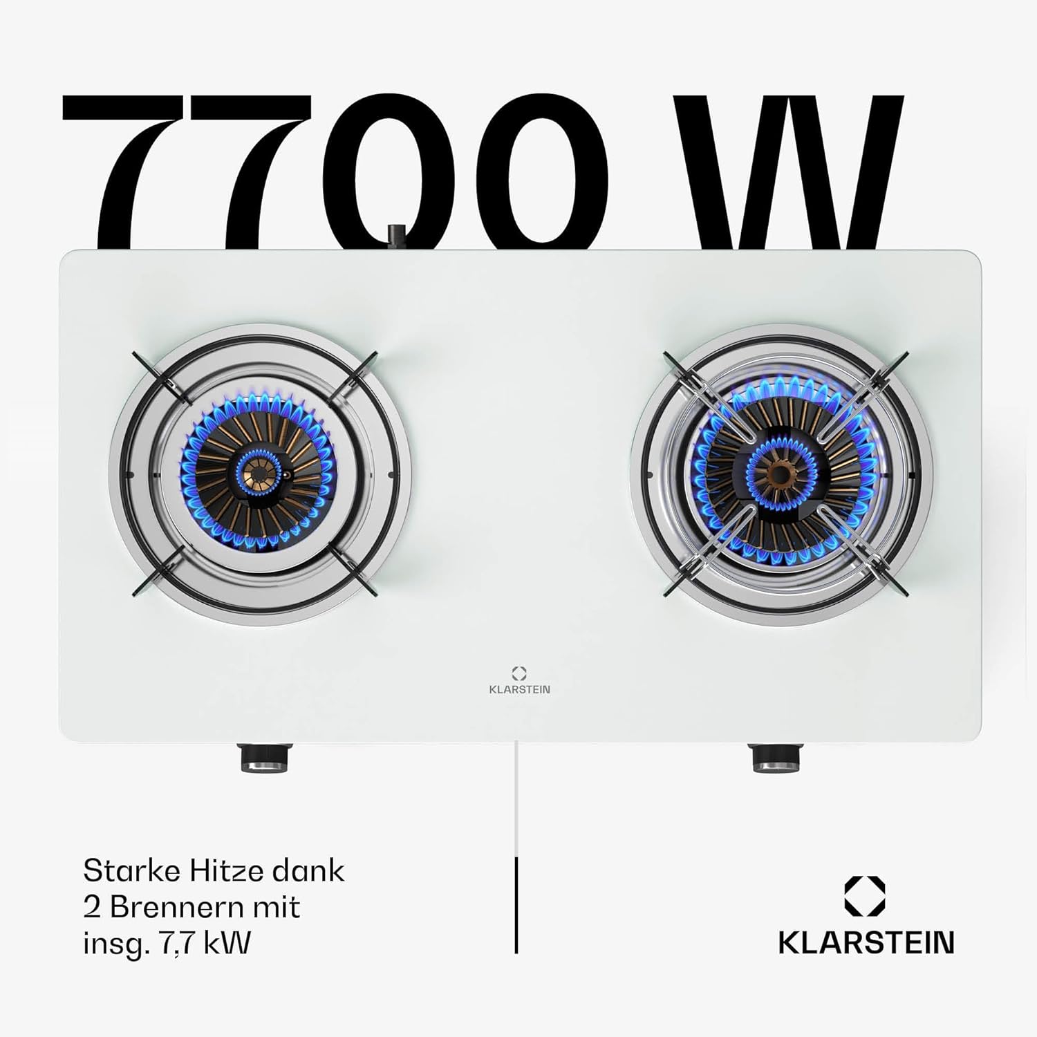 Klarstein Barzona Gaskochfeld, 2-Brenner Edelstahl & Glas, 7,7kW, Tragbarer Campingkocher mit Piezo-Zündung & Flammenausfallsicherung, Kompaktes und Tragbares Design, Weiß