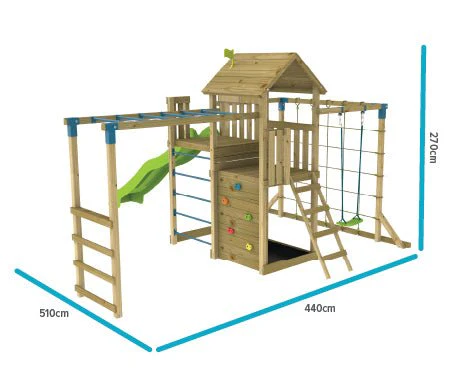 TP Skywood Houten Klimrek met Super Golvenglijbaan, Sky Deck, Klimrek en Skyline met Rapide Schommelzit ?C FSC? gecertificeerd