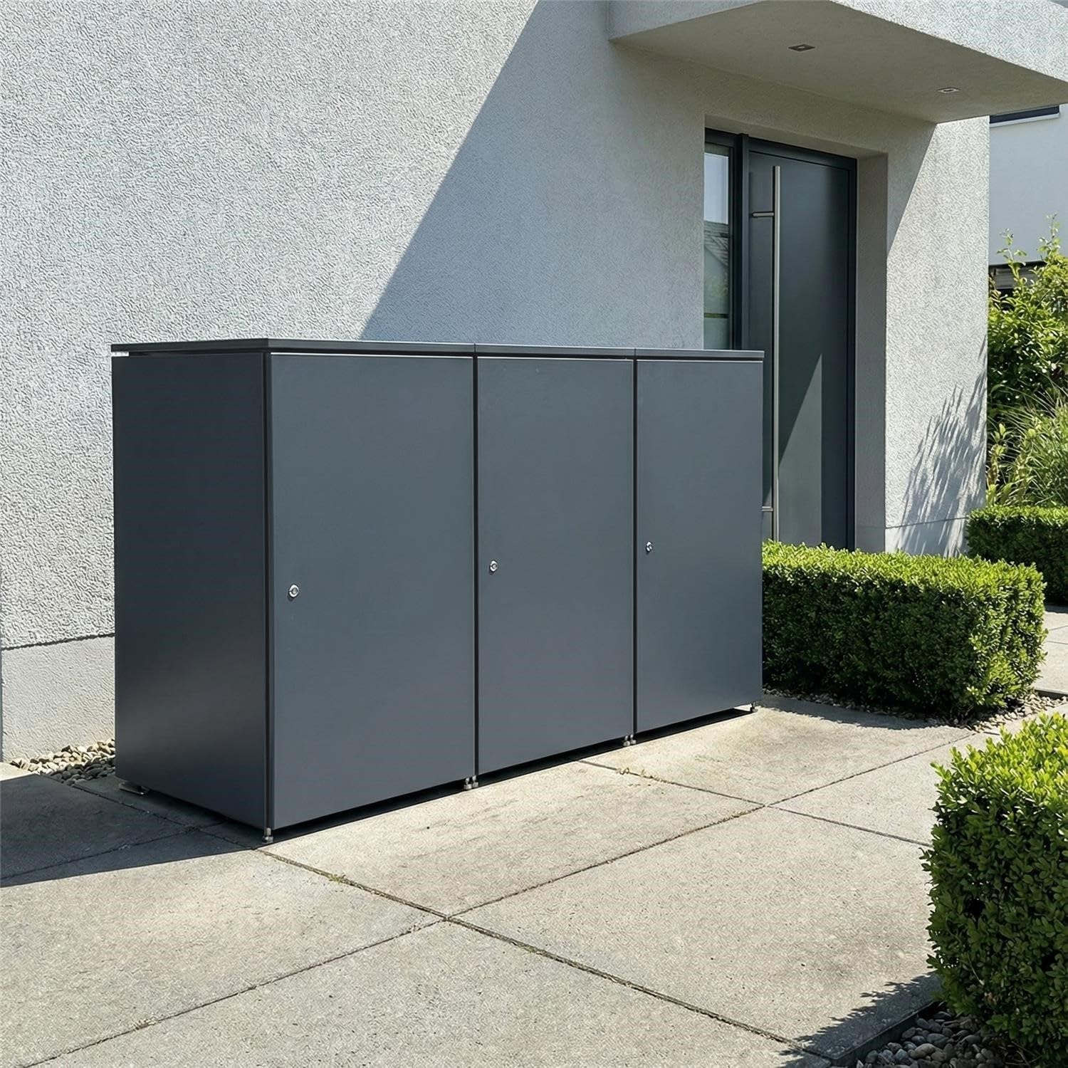 Metzler Mülltonnenbox 3er 240L in Anthrazit | Für 3 Tonnen aus Aluminium rostfrei & abschließbar | Mülltonnenverkleidung außen mit Automatikdeckel & höhenverstellbare Füße | Müllbox für Garten