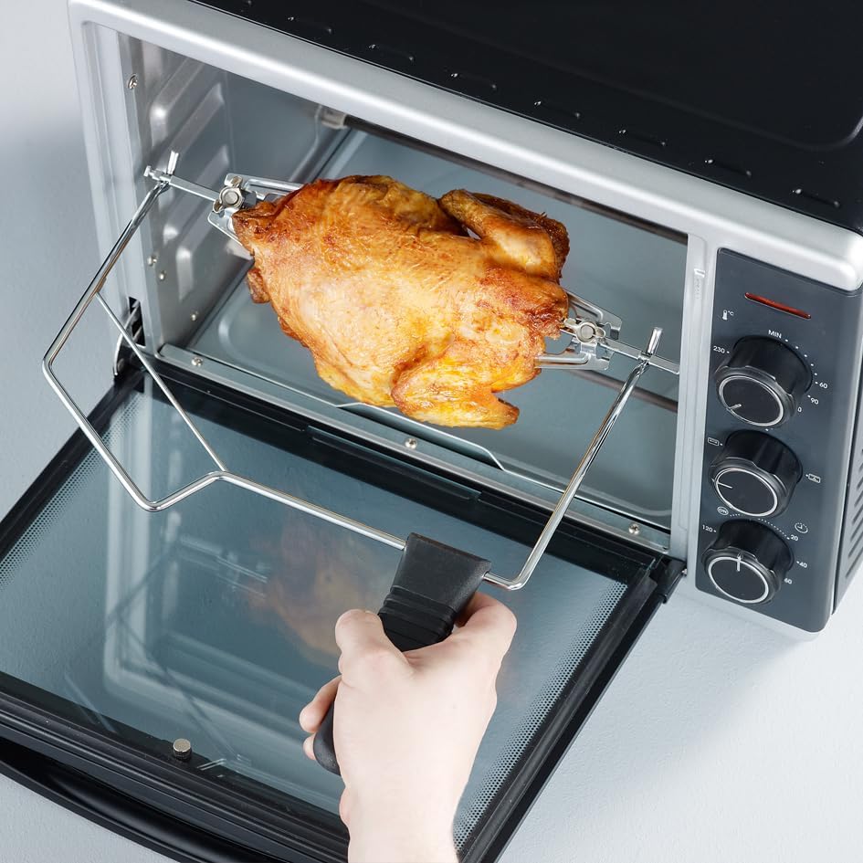 SEVERIN Back- und Toastofen mit Umluftfunktion, Mini Backofen mit Grillrost, Backblech, Drehspie und Pizzastein, vielseitiger Heiluftofen mit 42 L Kapazitt, 1.800 W, schwarz, TO 2058