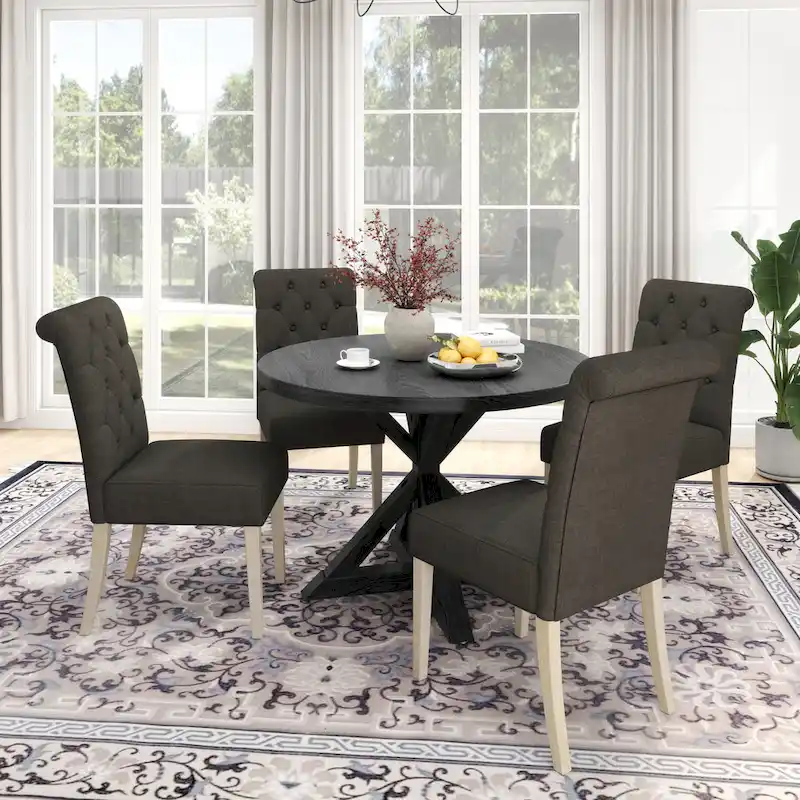 5 Piece Dining Table Set, Wooden Kitchen Furniture Set, Round Table with Cross-Buck Pedestal Base and 4 Tufted Chairs